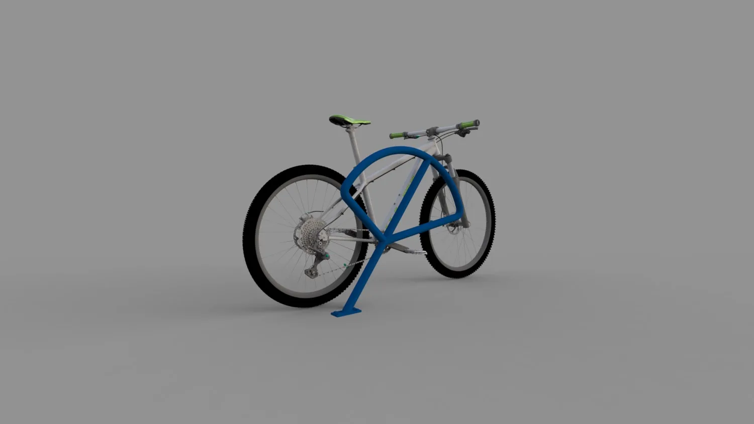 Render of a bicycle held upright in a minimal bent-tube rack finished in blue.
