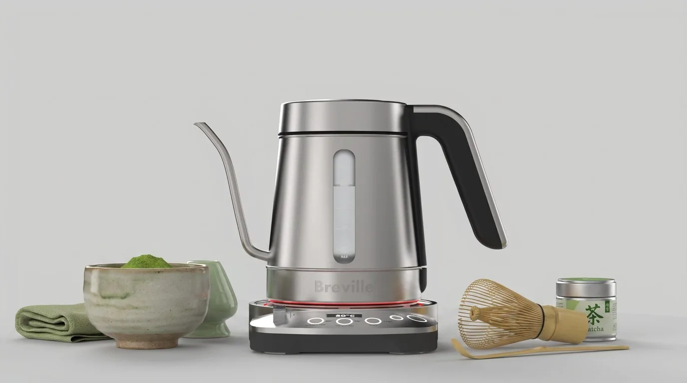 The Ritual kettle on its base beside a matcha bowl, bamboo whisk and tea tin.