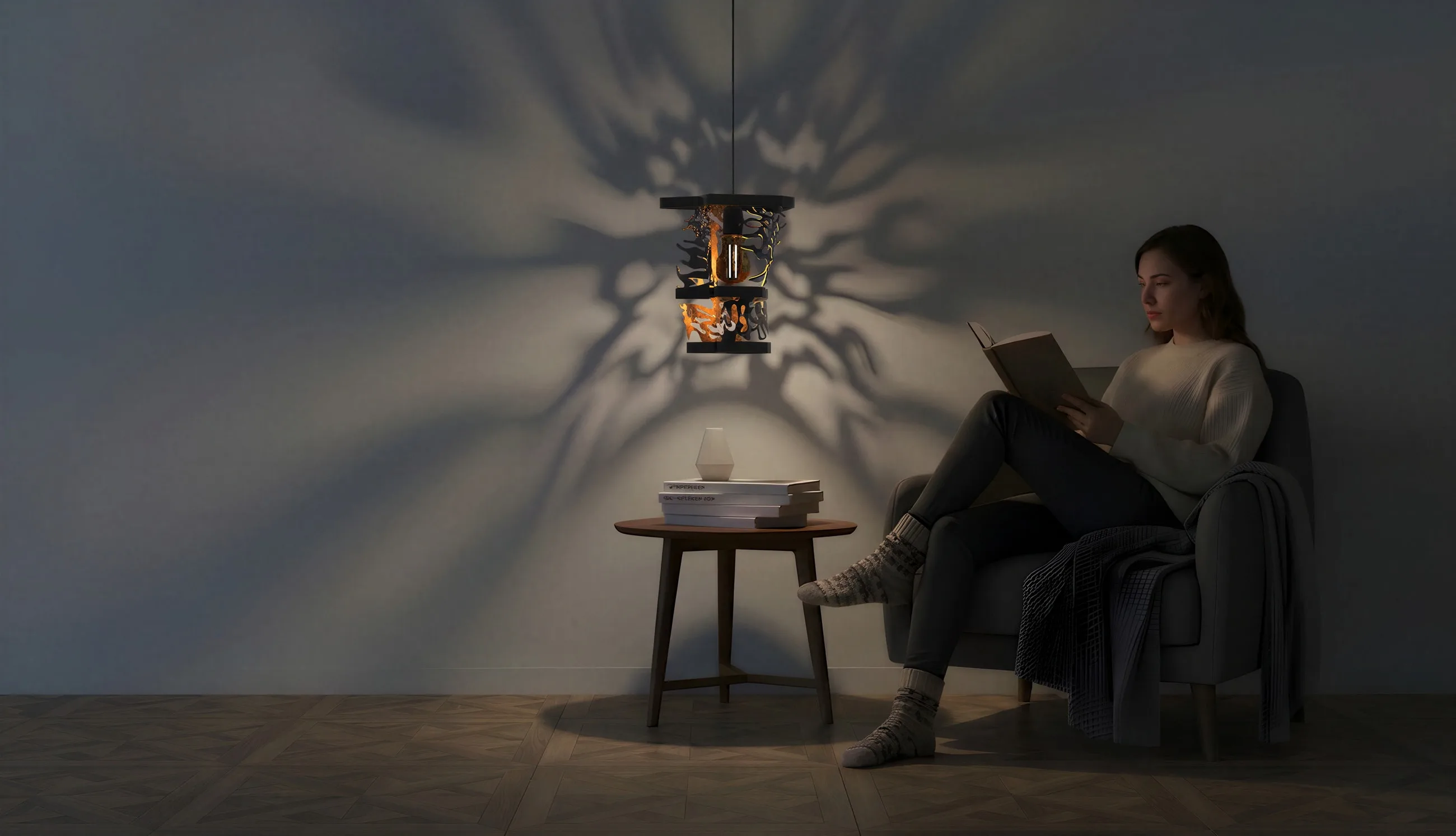 The Distortion pendant lit in a darkened room, throwing a branching shadow across the wall above a woman reading in an armchair.