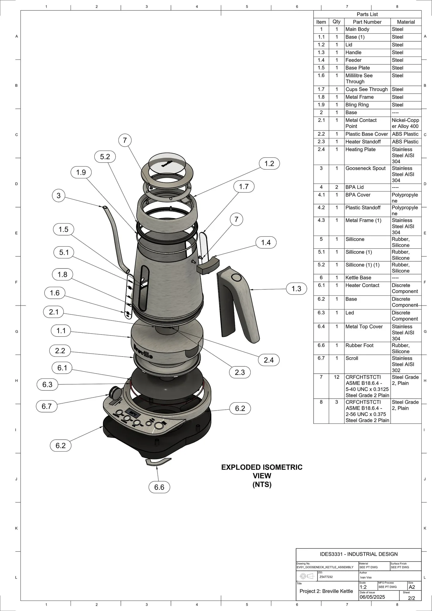 Exploded isometric drawing with the bill of materials.