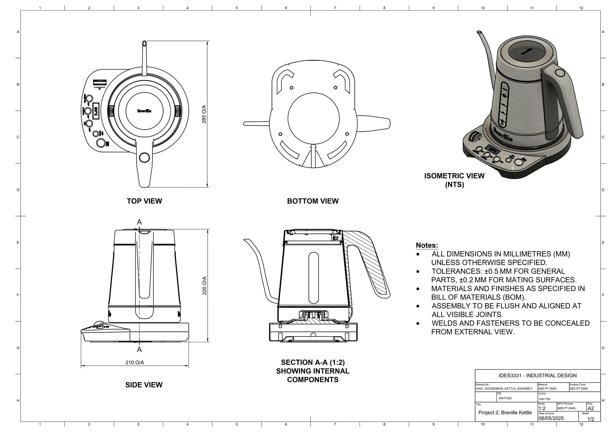 General arrangement drawing with top, bottom, side and section views.