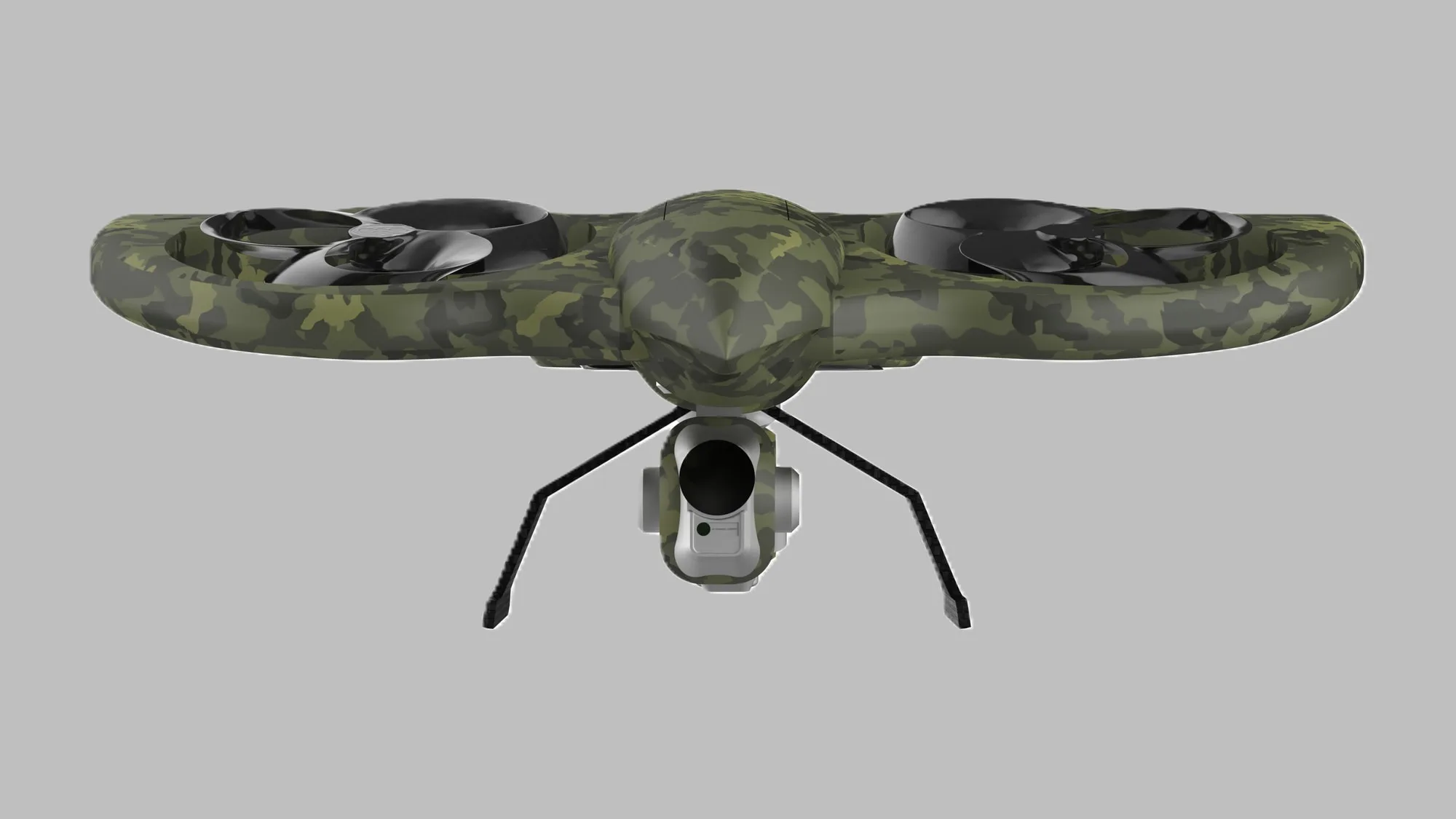 Front view of a camouflaged quadcopter drone with landing legs and an underslung camera gimbal.