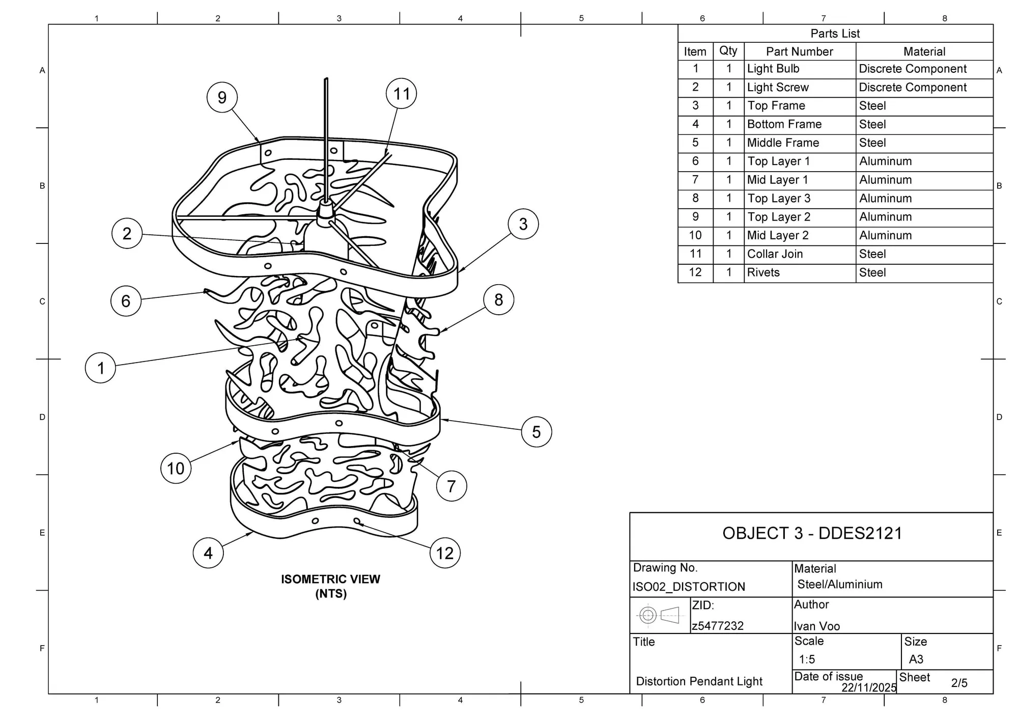 Exploded isometric technical drawing of the lamp with a twelve-item parts list.