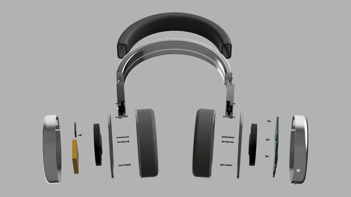 Exploded view of over-ear headphones showing the headband, drivers, earcups and outer shells laid out in line.