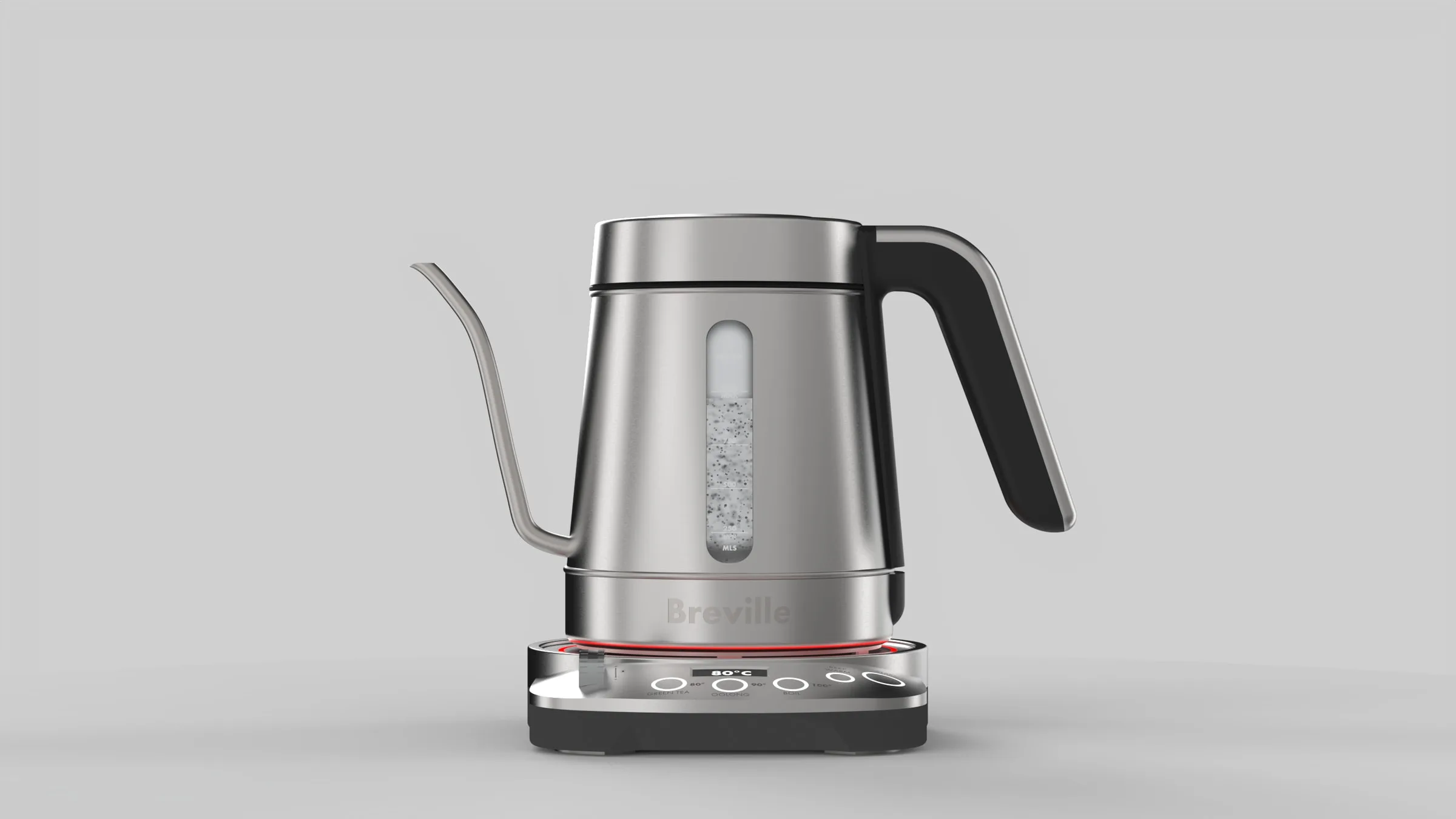 The Ritual kettle seated on its base, water visible through the window and the LED ring lit.