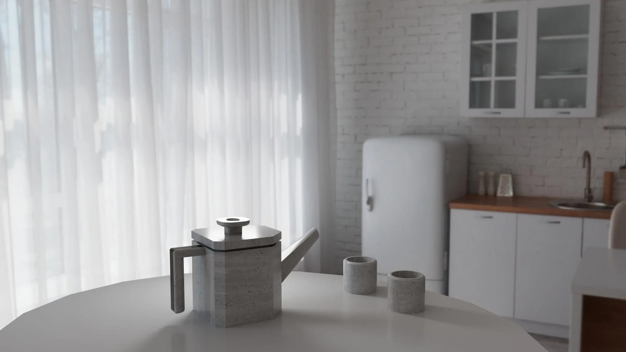 Render of an angular concrete teapot with a squared handle and two matching cups on a white table.