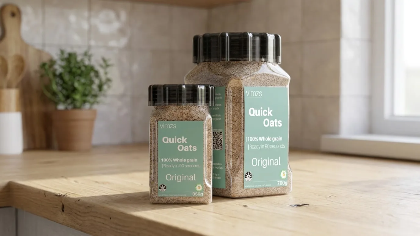 Two rPET oat jars in 350g and 700g sizes with sage-green labels, standing on a wooden kitchen counter.