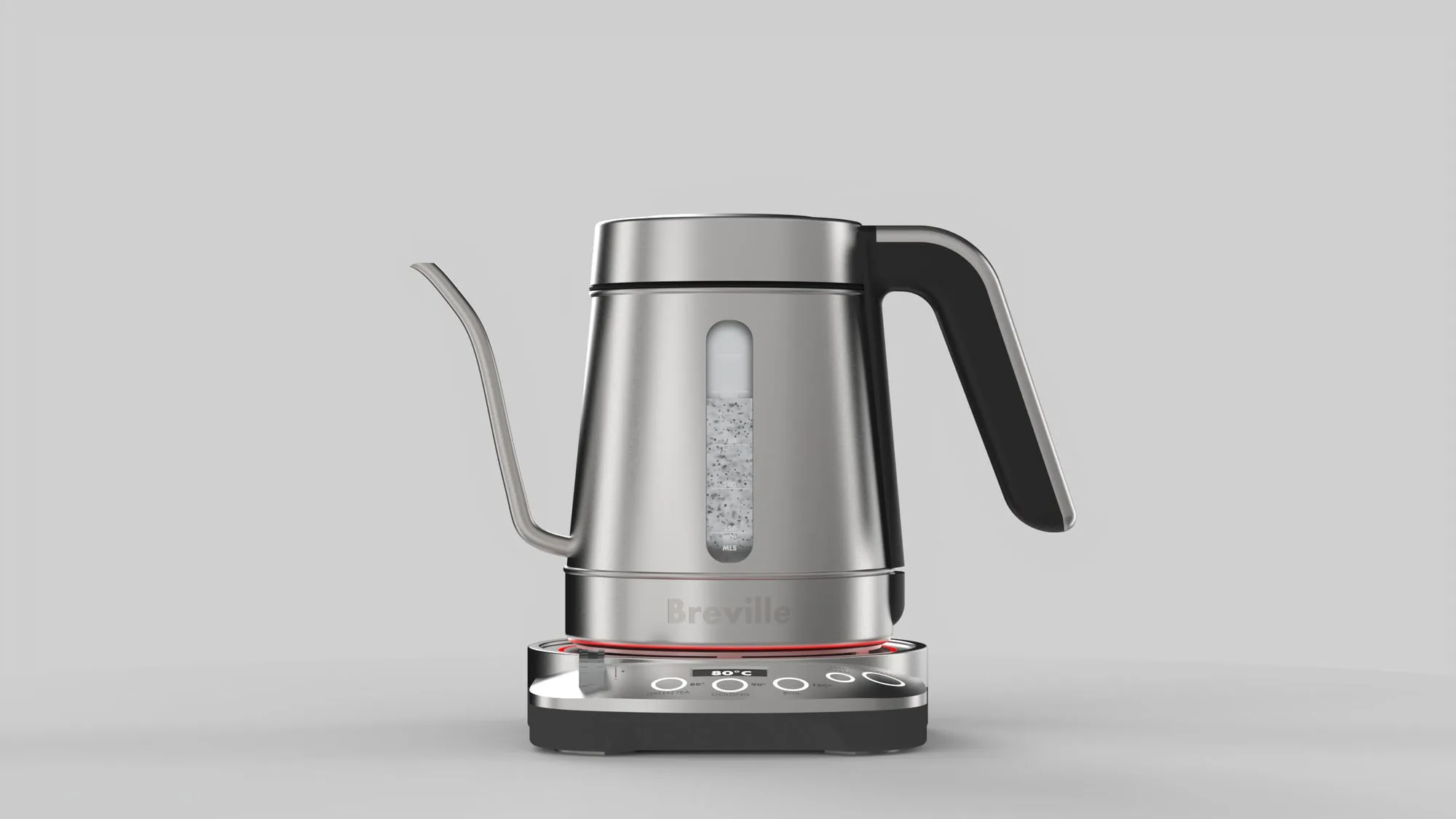 The finished kettle on its base, water level lit through the side window and the base reading 80 degrees.