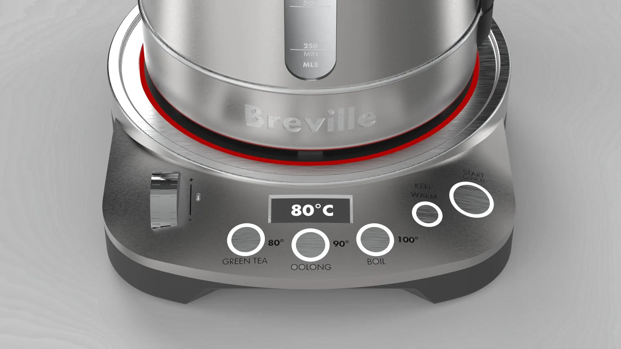 Close view of the base: an 80 degrees readout beside green tea, oolong and boil presets, with the LED ring lit red.