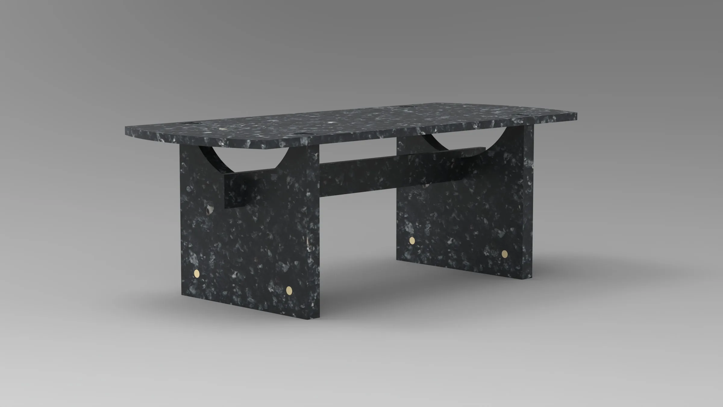 The Shio bench rendered in three-quarter view, brass fixings visible in the speckled shell composite.