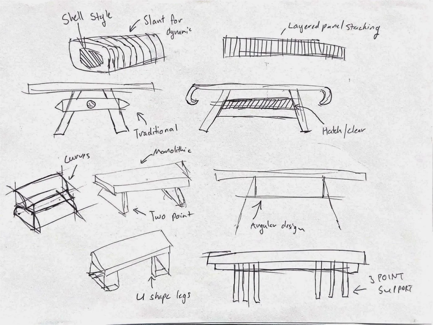 Concept sketches exploring bench forms, leg geometry and shell-composite panel joints.