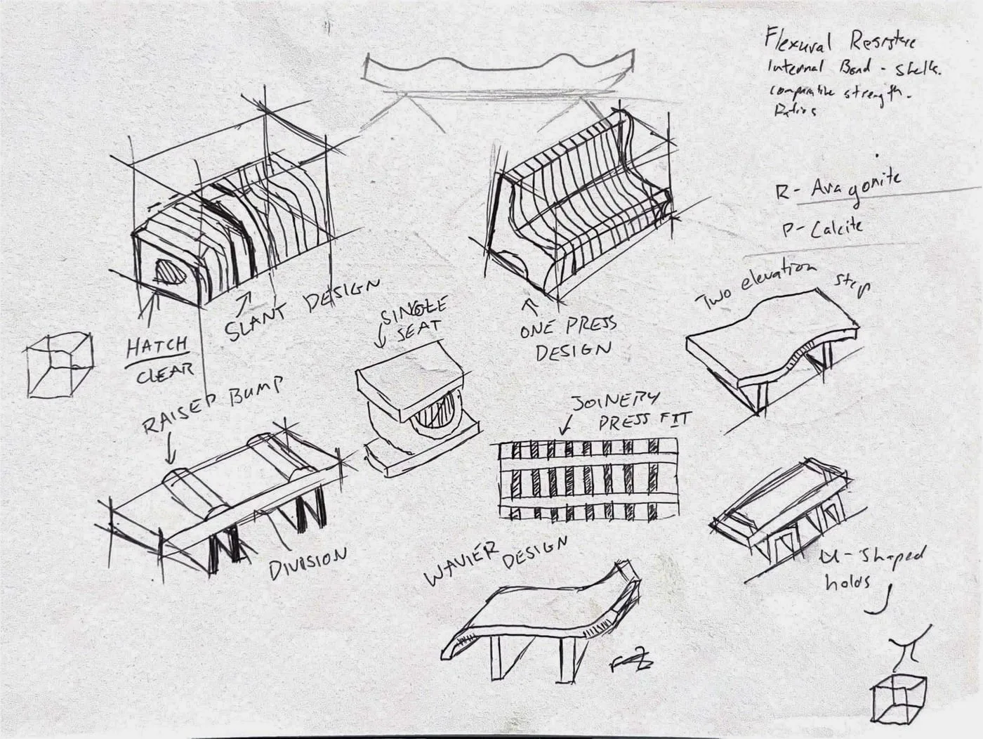 Concept sketches exploring bench forms, leg geometry and shell-composite panel joints.