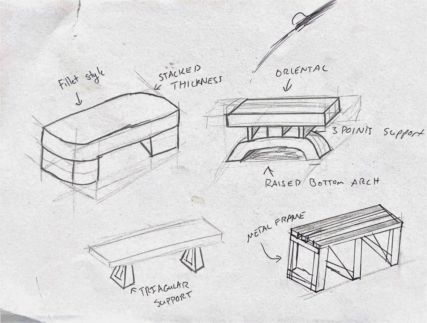 Concept sketches exploring bench forms, leg geometry and shell-composite panel joints.