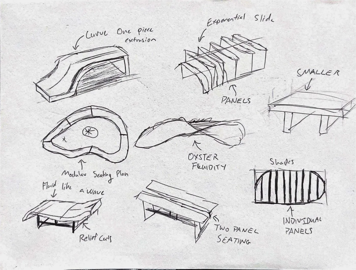 Concept sketches exploring bench forms, leg geometry and shell-composite panel joints.