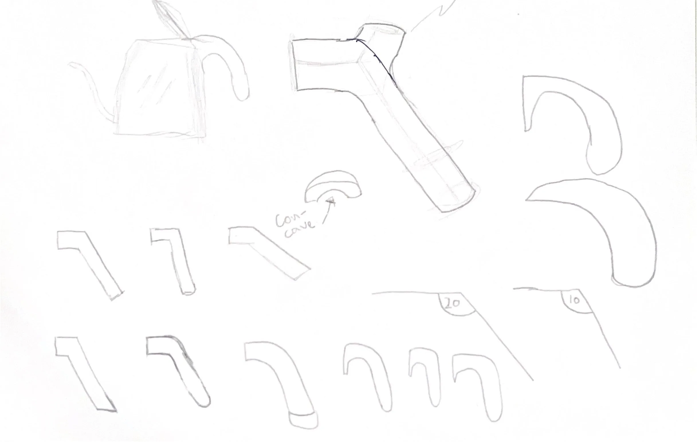 Pencil study of spout and handle profiles, a concave grip section called out, and 20 and 10 degree exit angles measured against the body.