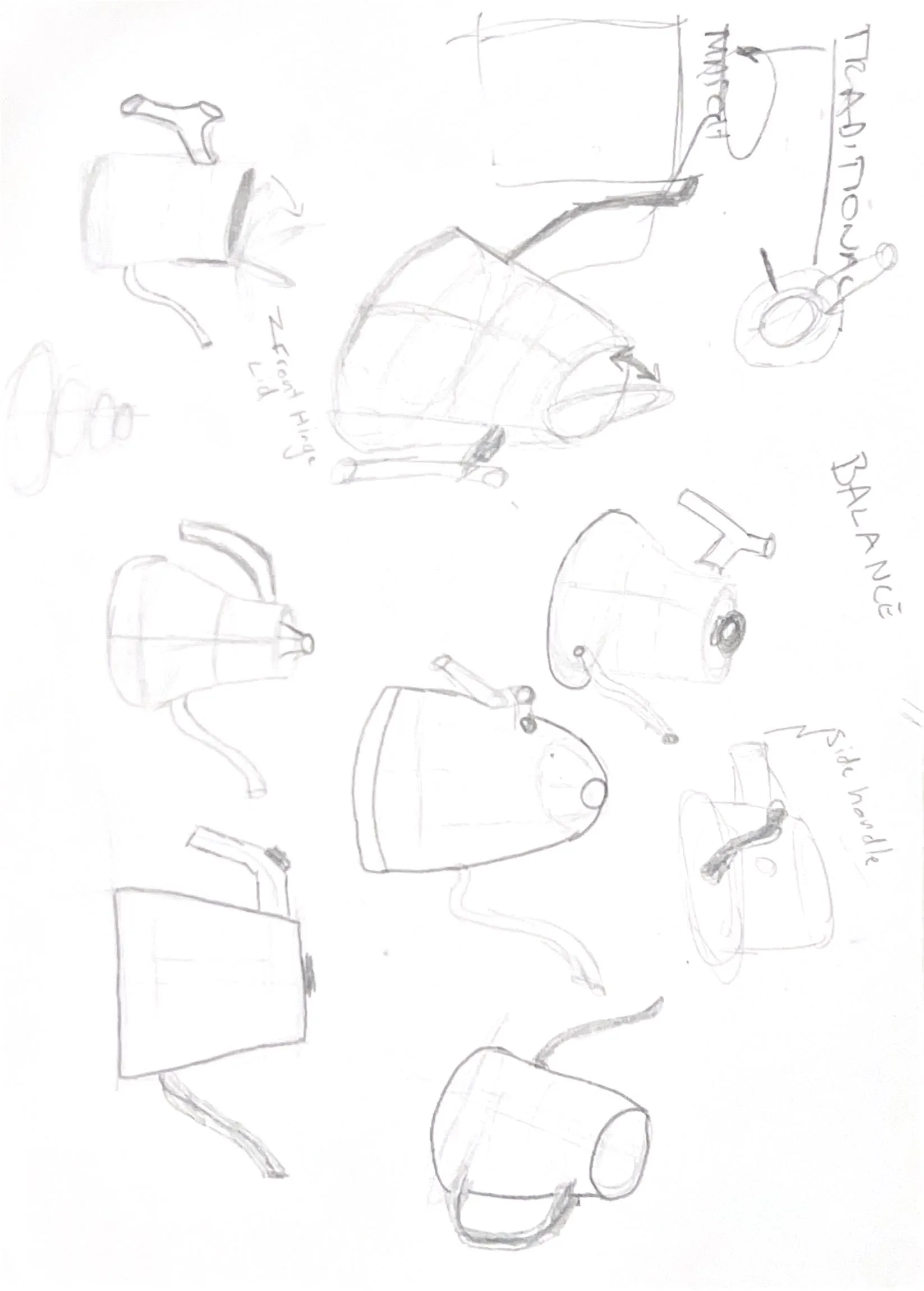 Pencil sketches of kettle bodies exploring a front-hinged lid, side handle placement and where the balance sits when the kettle is full.